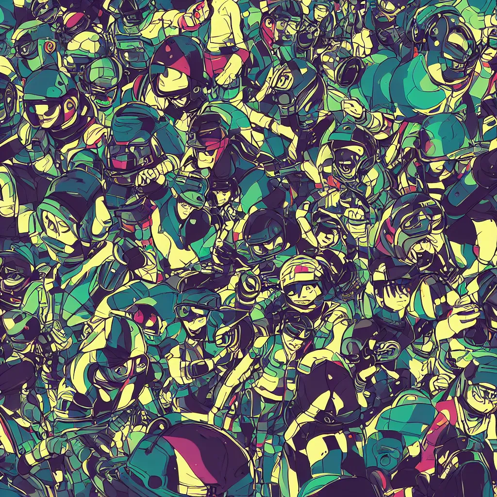 Image similar to people wearing helmets, ryuta ueda artwork, jet set radio artwork, stripes, gloom, space, cel - shaded art style, broken rainbow, data, minimal, speakers, code, cybernetic, dark, eerie, cyber