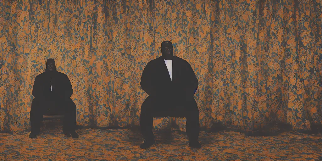 Image similar to photo style of nick fancher, portrait of silhouette of big black man sitting on throne, background made of big curtains