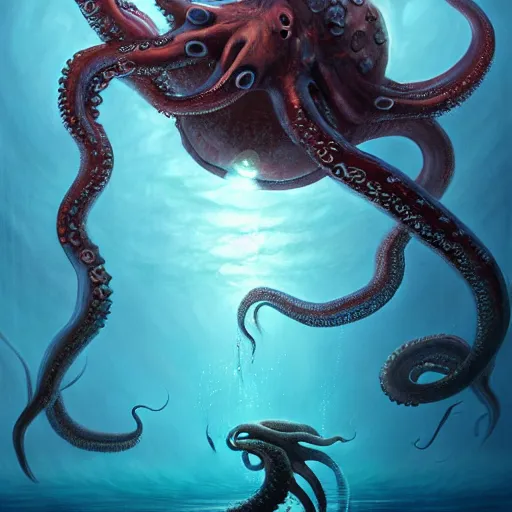 Prompt: a dream fantasy painting of a giant octopus in the deep of the ocean attack a man, by beksinki, giger, greg rutkowski, carne griffith trending on artstation, deviantart, photorealism