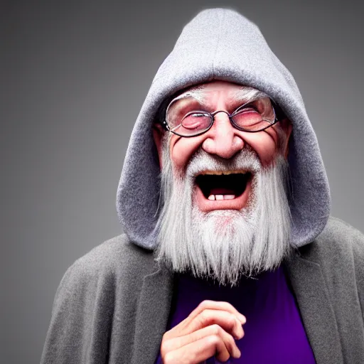 Image similar to an old bald mad wizard with bushy grey eyebrows, long grey hair and wearing a grey wizard hat, disheveled, wise old man, wearing a purple detailed coat, a bushy grey beard, sorcerer, he is yelling and laughing