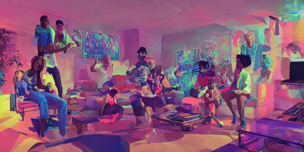 Prompt: family rapping together in living room, epic pose, digital art, vaporwave, psychedelic, surreal, hip hop, trending on Artstation, professional artist, detailed, 4k