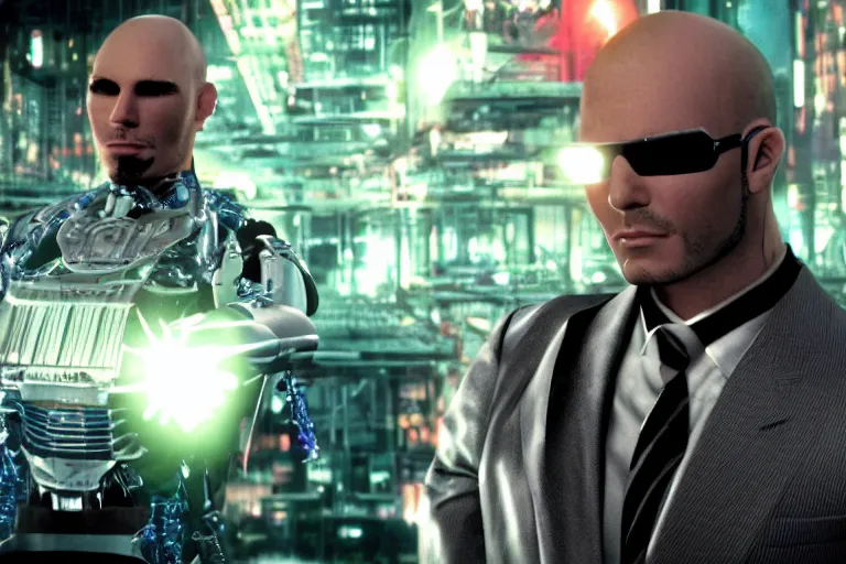 Prompt: cyborg - pitbull mr. worldwide in a ps 2 game, in 2 0 5 5, y 2 k cybercore, industrial low - light photography, still from a ridley scott movie