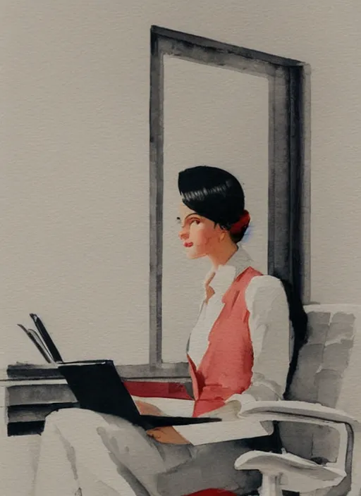 Image similar to concept art of a modern office life, young business woman, pinterest, artstation trending, behance, watercolor, by coby whitmore, silver, laser light,