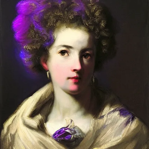 Image similar to electric purple by joshua reynolds ornate. a beautiful experimental art. she looks up at me, up & down. she has short - cropped hair, & a scar on her left cheekbone : just a line of black against her deep tan, precise & geometrical. her eyes are pale green.