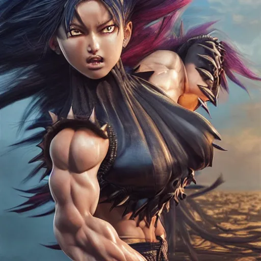 Image similar to warrior girl, muscular girl, wild spiky black saiyan hair, long spiky hair, electrified hair, scimitar, ultra realistic, intricate details, highly detailed, subsurface scattering, photorealistic, octane render, 8 k, art by artgerm, greg rutkowski, magali villeneuve, alphonse mucha