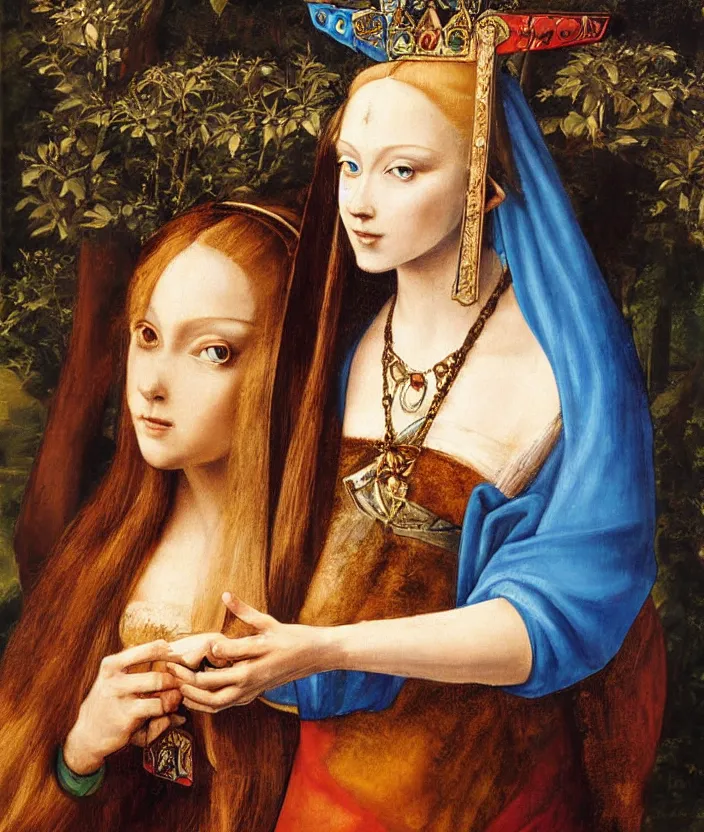 Image similar to oil painting half-length portrait of Princess Zelda holding the triforce by Leonardo da Vinci