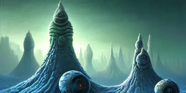 Image similar to painting artic snow covered alien mushroomlabyrinth consuming futuristic mega city from blade in the style of nebulapunk by tomasz alen kopera and daniel lieske with futuristic castle by simon stahlenhag