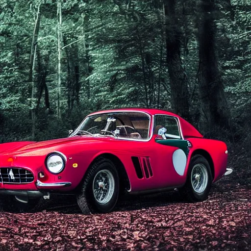 Image similar to ferrari 2 5 0 in the forest, night, headlights are on, professional photography, vaporwave