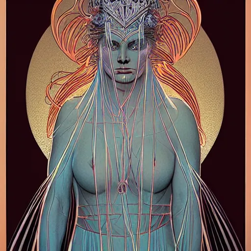 Prompt: an ancient goddess, by Moebius and jenny Frison, chromostereopsis