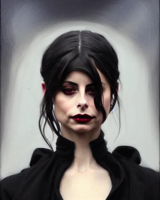 Prompt: style of jeremy lipking, artgerm : : gorgeous willa holland : : evil witch, swirling black magic, black dress : : symmetrical face, symmetrical eyes : : full body pose : : gorgeous black hair : : magic lighting, low spacial lighting : :