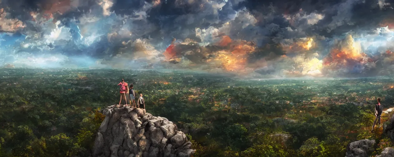 Image similar to Colorful dramatic puffy clouds, 3 Inner city teens standing on the edge of a cliff overlooking a forest, Glowing city on the horizon, matte painting, concept art, 4K