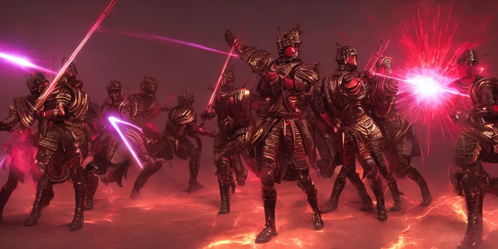 Prompt: futuristic roman army, red and gold with purple lasers, dramatic, cinematic, unreal engine