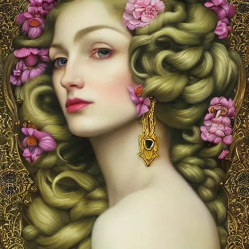 Image similar to dynamic composition, blonde woman with hair of spring flowers and vines wearing ornate earrings, ornate gilded details, pastel colors, a surrealist painting by tom bagshaw and jacek yerga and tamara de lempicka and jesse king, wiccan, pre - raphaelite, featured on cgsociety, pop surrealism, surrealist, dramatic lighting