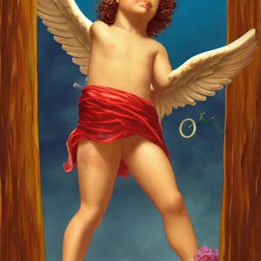 Image similar to Cupid, the angelic god of love, as a young mocking mafia member
