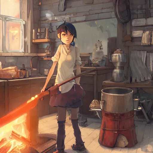 Image similar to a full body portrait of the short and fiery blacksmith Kitty with a beard at her forge, blacksmith's outfit, inside building, makoto shinkai, james gilleard, very detailed, matte, gaussian blur, tone mapped, Akihiko Yoshida.