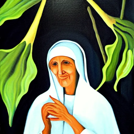 Image similar to oil painting of a nun flanked by brugmansia suaveolens flowers