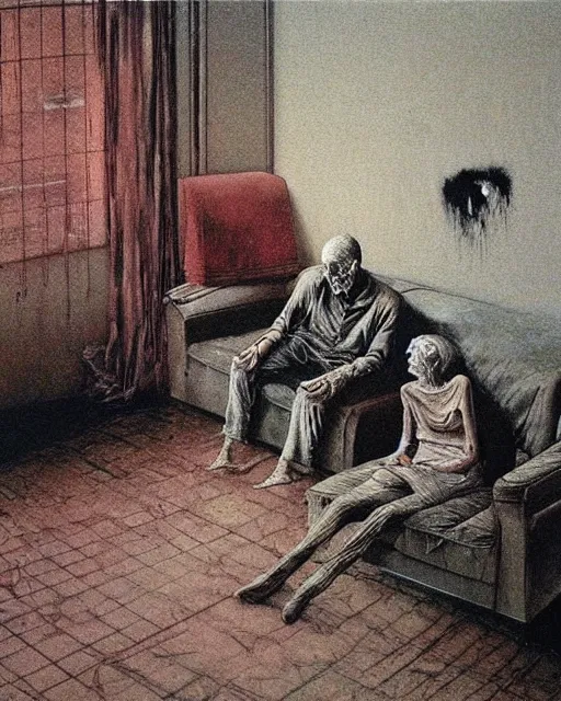 Prompt: an old dead couple sitting on a couch in an old soviet apartment, Beksinski painting, part by Adrian Ghenie and Gerhard Richter. art by Takato Yamamoto, Francis Bacon masterpiece