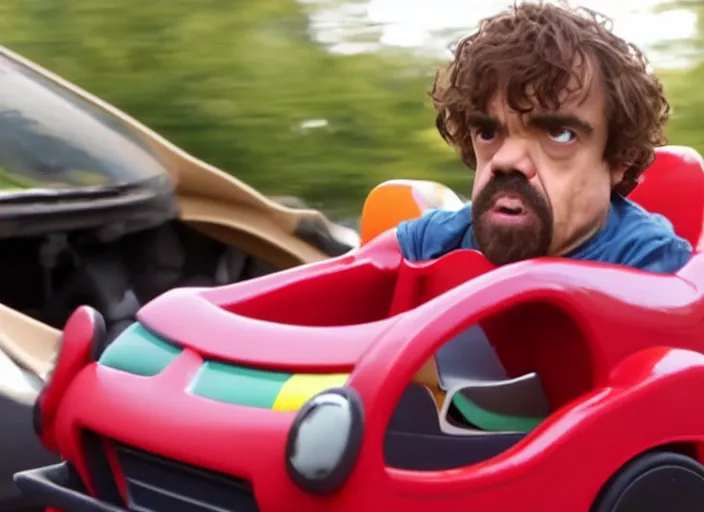 Prompt: peter dinklage driving a little tikes car, movie still, from the new fast and furious movie, 8 k, realistic