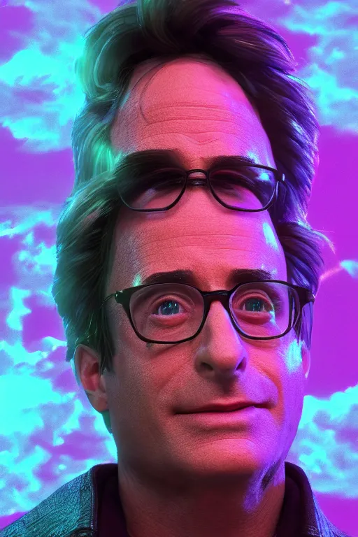 Image similar to bob saget, vaporwave style, dramatic, character showcase, dynamic lighting, 8 k, unreal 5 render, ray tracing, hyperrealistic, intricate, color grading