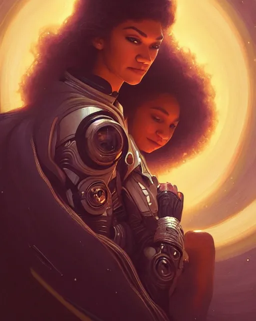 Prompt: zendaya has a fearful look in a space suit floating through the darkness of space, deep focus, D&D, fantasy, intricate, elegant, highly detailed, digital painting, artstation, concept art, matte, sharp focus, illustration, hearthstone, art by Artgerm and Greg Rutkowski and Alphonse Mucha