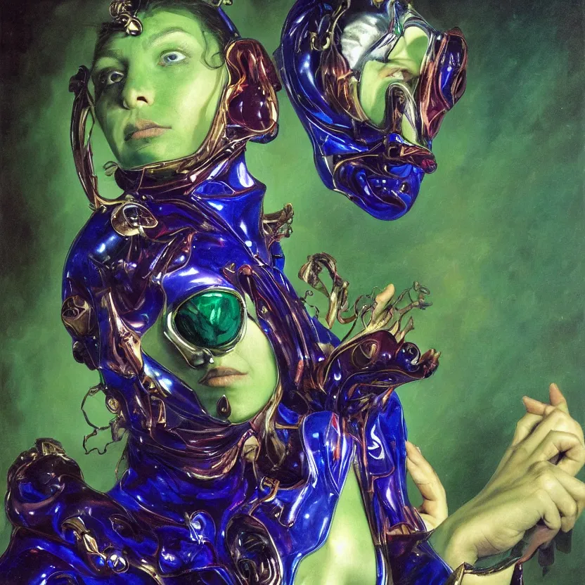 Prompt: a portrait of a liquid porcelain malachite ruby sapphire model with a magical mask. night time. deep reflective green blue tones. renaissance masterpiece. highly detailed sci - fi fantasy painting by norman rockwell, frank frazetta, johfra bosschart, and syd mead. rich colors, high contrast, dark background. artstation