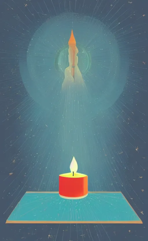 Image similar to illustration with beautiful scented candles, close - up photo in cozy interior, candle lighting, shadow play, light refraction, mirror, glowing, an art deco painting by tom whalen, trending on behance, art deco, digital illustration, storybook illustration, grainy texture, flat shading, vector art, airbrush, pastel, watercolor, poster