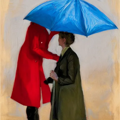 Image similar to woman with red coat and cyan umbrella, jon foster