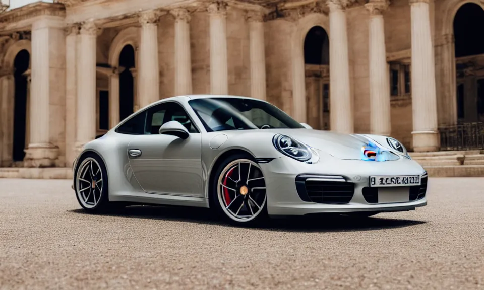 Image similar to closeup photo of a porsche 911 standing in a beautiful palace, dof, chromatic aberration