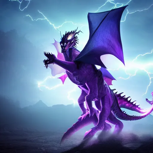 Prompt: mysterious figure with a purple coat and blue crown riding a dragon made of lightning, digital art, 4 k ultra hd, hyper realistic