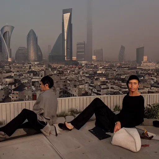 Image similar to a small rooftop with a couple of people sitting and watching the view, wearing black modern clothes, designed by rick owens, messy short hair, modern shanghai bund in smog is on the background, sunset, pale colors, by gregory crewdson