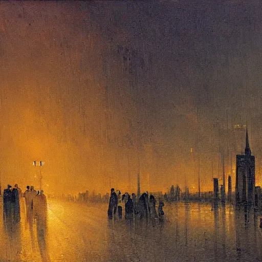 Image similar to city, night, dramatic light, oil painting, by caspar david friedrich