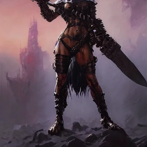 Image similar to A full portrait of a beautiful armored berserker woman, with an oversize Gothic sword, by Frank Frazetta, Greg Rutkowski, Boris Vallejo, epic fantasy art, Exquisite detail, post-processing, masterpiece, cinematic