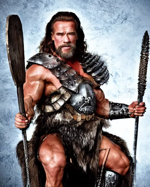 Image similar to arnold schwarzenegger as king conan, directed by john millius, photorealistic, sitting on a metal throne, wearing ancient cimmerian armor, a battle axe to his side, he has a beard and graying hair, cinematic photoshoot in the style of annie leibovitz, studio lighting