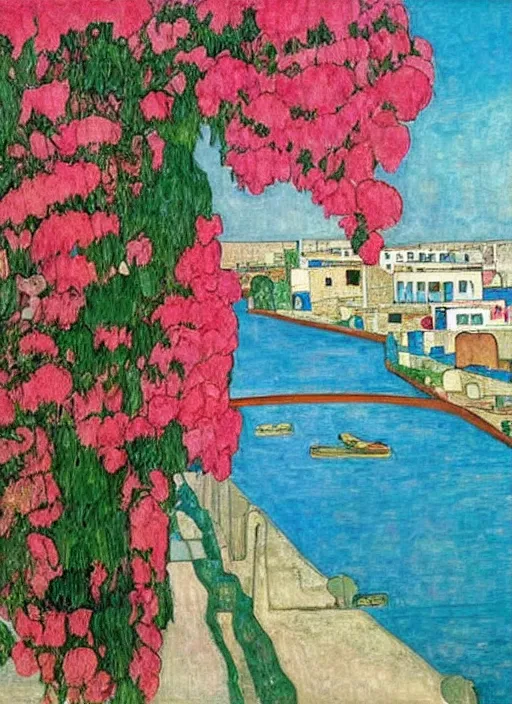 Prompt: ahwaz city in iran with a big modern arch bridge on local river, 3 boat in river, 2 number house near a lot of palm trees and bougainvillea, hot with shining sun, painting by egon schiele
