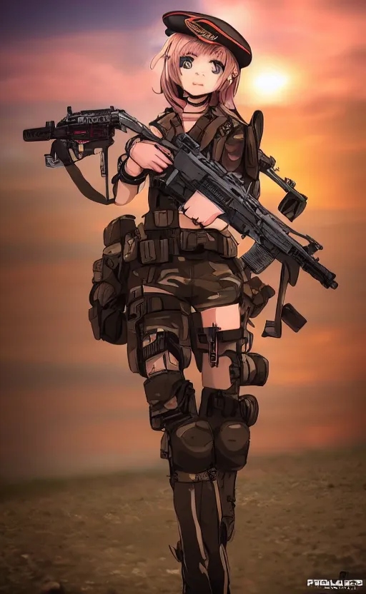 Prompt: portrait photo, highly detailed, high resolution, cosplay photo, stunning, real sunset, girls frontline style, bokeh soft, 100mm, trending on instagram, by professional photographer, realistic human anatomy, smiling face, realistic military carrier, soldier clothing, modern warfare, realistic guns