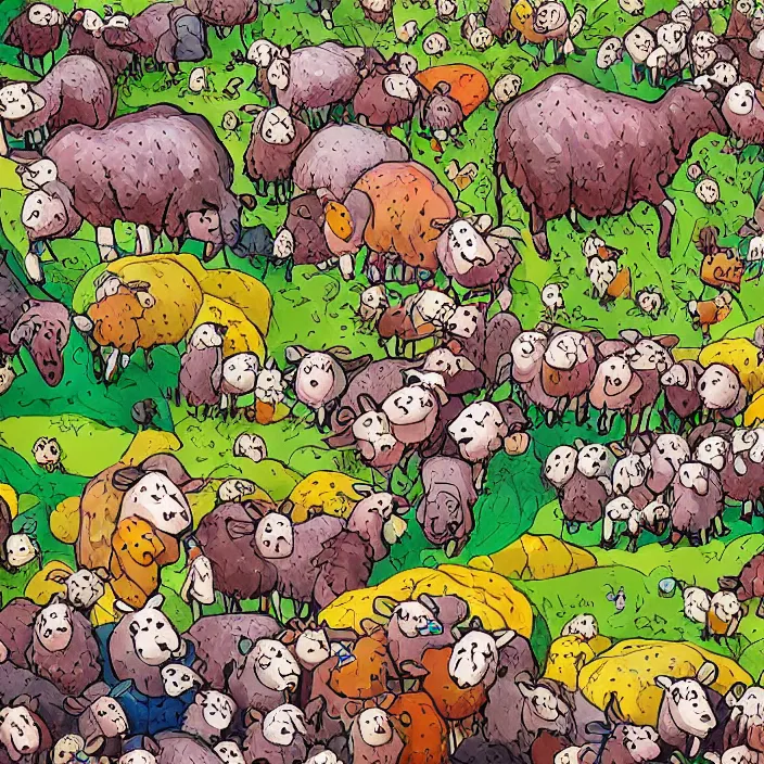 Image similar to a herd of sheep hopping over mountains of gigantic fruit, naivistic art, childrens drawing, story book illustration, expressive, colorful, schizophrenic, paranoid