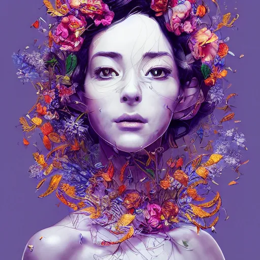 Prompt: the portrait of an absurdly beautiful, graceful, elegant mature woman made of petals looking up, an ultrafine detailed illustration by kim jung gi, irakli nadar, intricate linework, bright colors, octopath traveler, final fantasy, angular, unreal engine 5 highly rendered, global illumination, radiant light, detailed and intricate environment