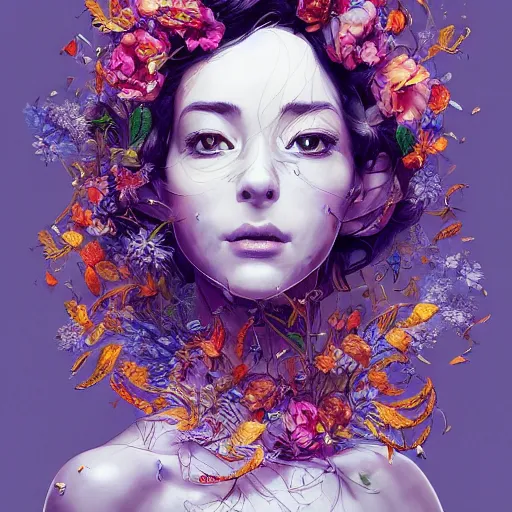 Image similar to the portrait of an absurdly beautiful, graceful, elegant mature woman made of petals looking up, an ultrafine detailed illustration by kim jung gi, irakli nadar, intricate linework, bright colors, octopath traveler, final fantasy, angular, unreal engine 5 highly rendered, global illumination, radiant light, detailed and intricate environment