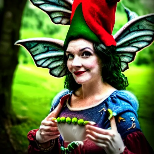 Image similar to a person wearing a jester hat that is a miniature fairy land made of tree limbs and magical tiny teklevisions, film strip theme, soft look, highly detailed, hdr