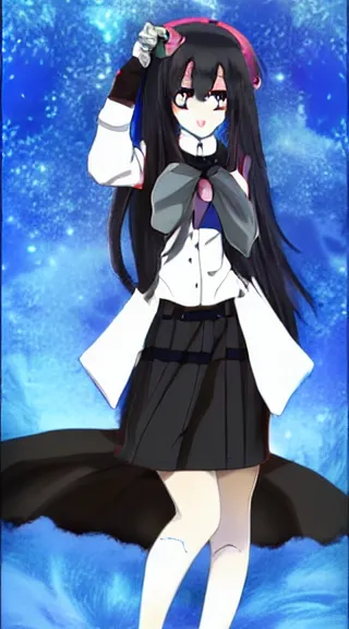 Image similar to Anime Screenshot of a “red-eyed black-haired anime fox girl” wearing black fingerless-gloves, high-waist-black-skirt, white-collared-shirt blue-open-jacket, black-necktie, unsheathing her katana, white background, visual-key, anime illustration, pixiv, anime-twitter