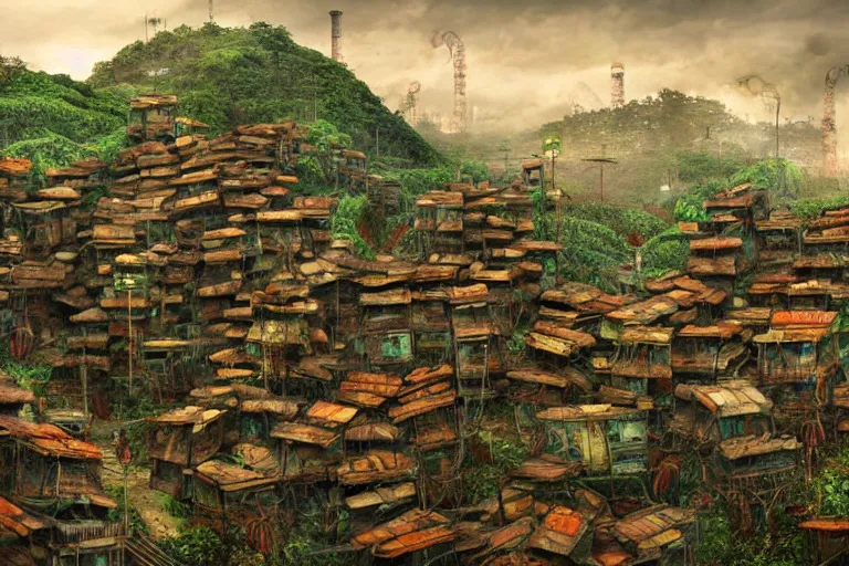 Prompt: favela winding lobster hive, wooded environment, industrial factory, haunting, award winning art, epic dreamlike fantasy landscape, ultra realistic,