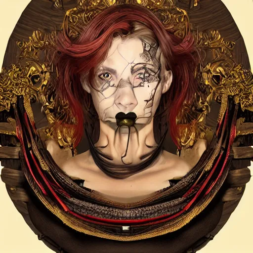 Image similar to portrait of a Shibari cable wrapped face and neck, headshot, insanely nice professional hair style, dramatic hair color, digital painting, of a old 15th century, old cyborg merchant, amber jewels, baroque, ornate clothing, scifi, realistic, hyperdetailed, chiaroscuro, concept art, art by Franz Hals and Jon Foster and Ayami Kojima and Amano and Karol Bak,