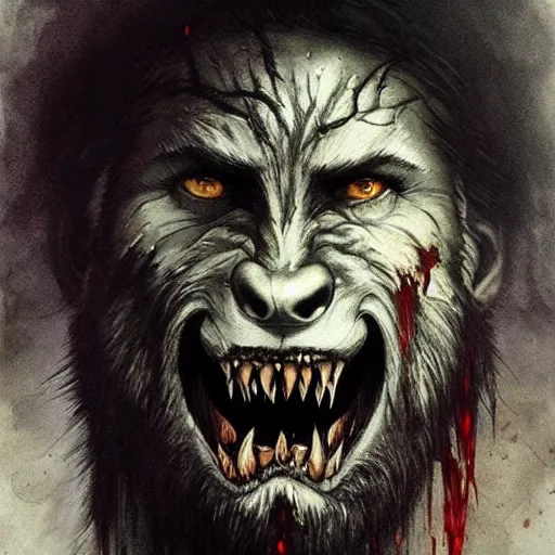 Image similar to werewolf lycanthrope monster makeup grinning grimpunk vile reprobate jason statham portrait portrait Wolfman Wolfman Fenrir with tombow jonas de ro odd nerdrum greg rutkowski frank frazetta alexandre briclot Dave Dorman splatterpaint