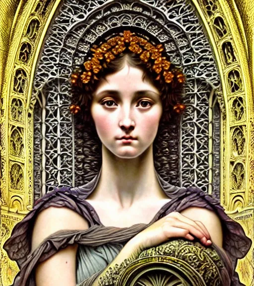 Prompt: hyperrealistic detailed portrait of a beautiful young goddess morphing into a gothic cathedral, authentic ornamental architecture, intricate and highly detailed, awe inspiring art by ernst haeckel, john william godward, h. r. giger, alphonso mucha, android jones, james jean, gothic, neo - gothic, heavily ornamental, deep colours,