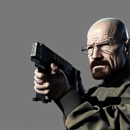 Image similar to Walter White wearing heavy modern military gear and holding a bulletproof shield, highly detailed, 8k octane render