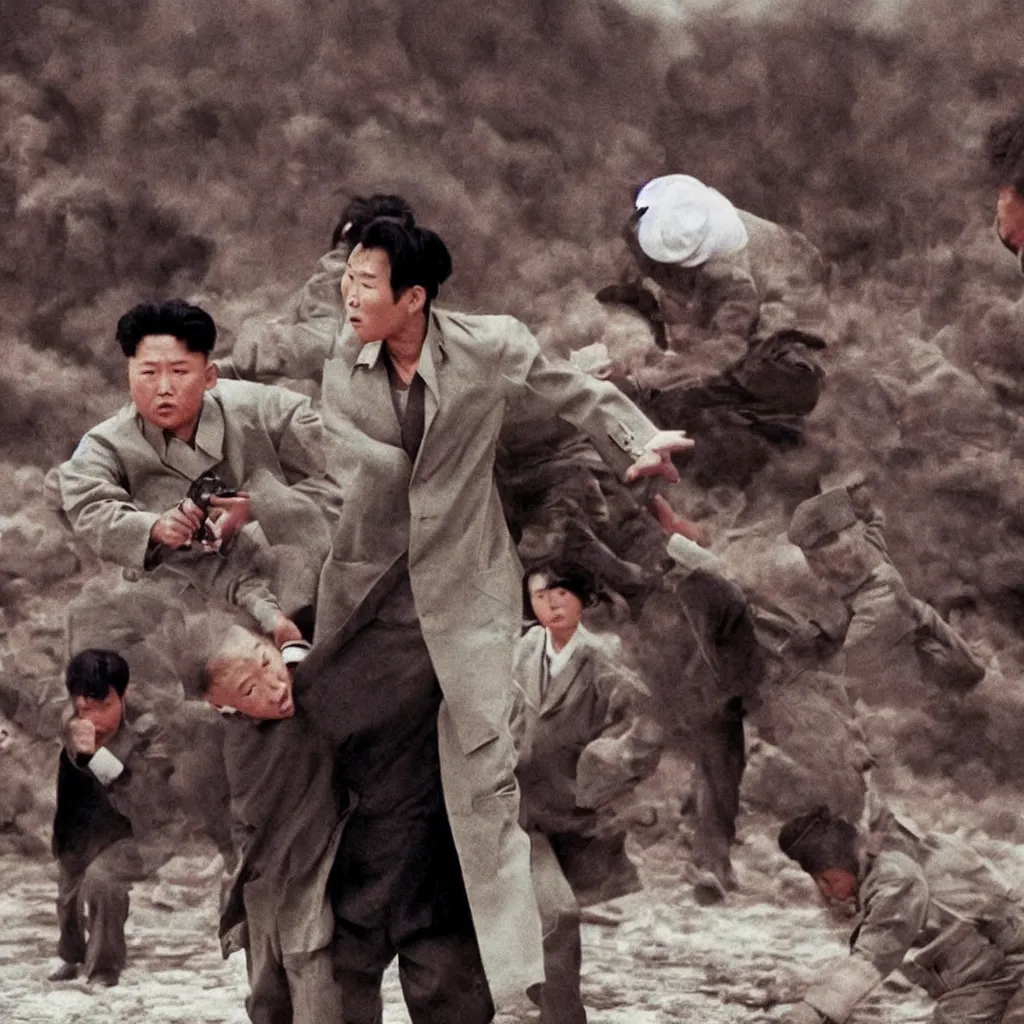 Prompt: low resolution filmstill of a north Korean thriller in the style of Akira Kurosawa