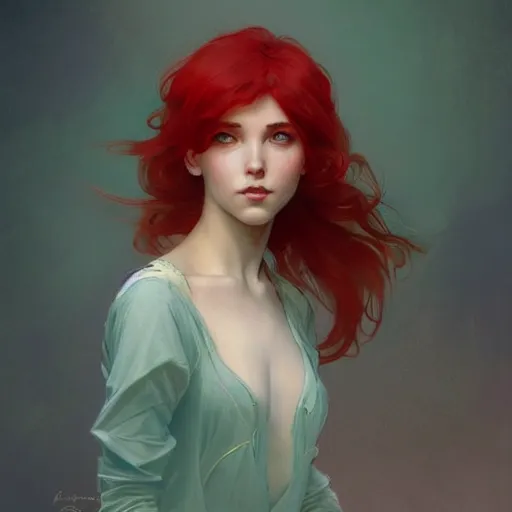 Prompt: young boy, red hair, turqouise eyes, gorgeous, amazing, feminine, elegant, intricate, highly detailed, digital painting, artstation, concept art, sharp focus, illustration, art by artgerm and greg rutkowski and alphonse mucha