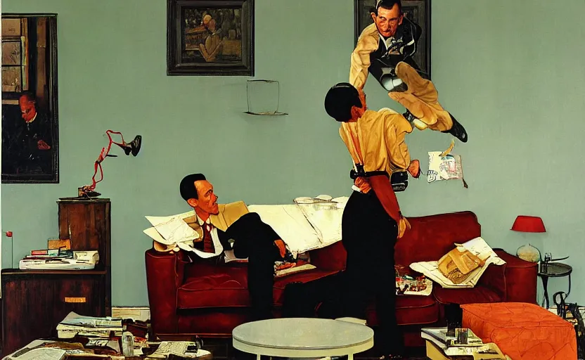Prompt: a thin man jumps over a telephone beside a sofa in a dark living room, painted by rick berry and norman rockwell, highly detailed