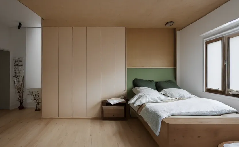 Prompt: interior of a compact bedroom in an apartment building, bed, ocher wall, cupboards, japanese design, swedish design, natural materials, minimalism, pine wood, earth colors, feng shui, white, beige, bright, windows with a view of a green park, modernist, 8 k