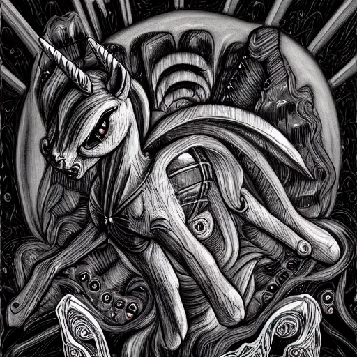 Prompt: detailed illustration of my little pony in the style of h r giger and wayne barlowe